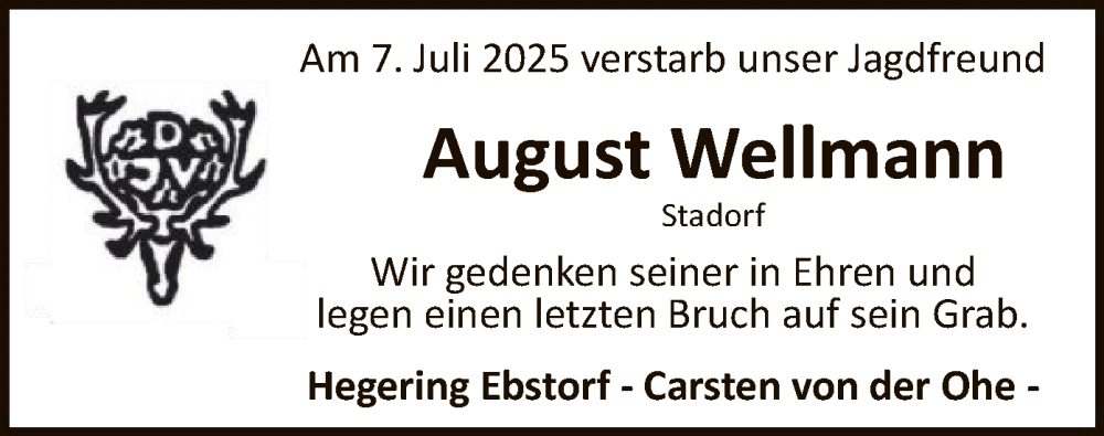  Traueranzeige für August Wellmann vom 09.07.2025 aus AZ