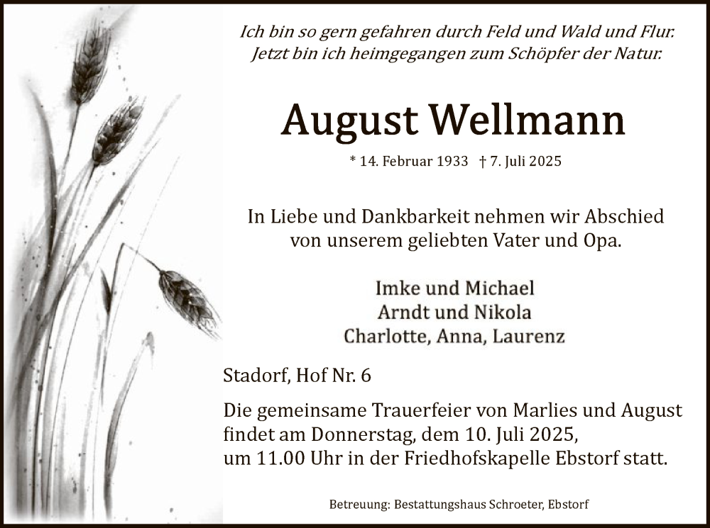  Traueranzeige für August Wellmann vom 09.07.2025 aus AZ