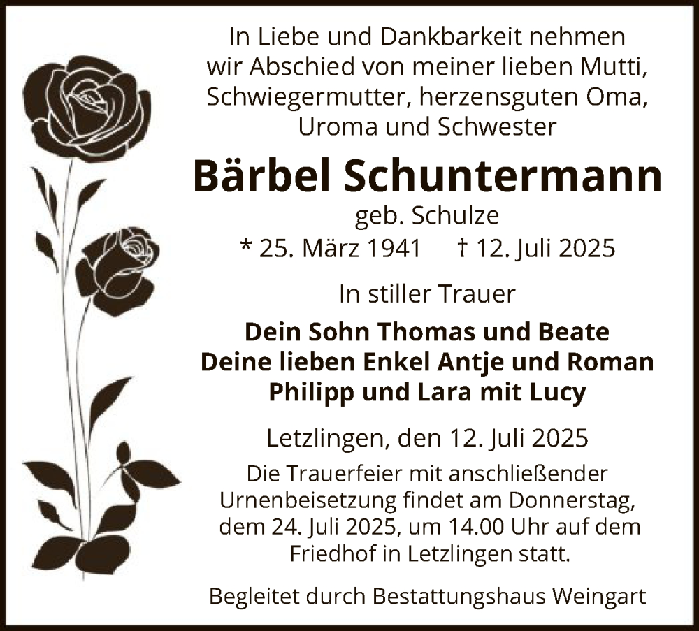  Traueranzeige für Bärbel Schuntermann vom 18.07.2025 aus AMZ