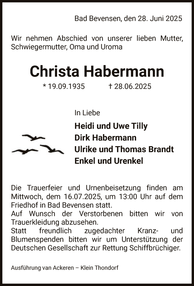  Traueranzeige für Christa Habermann vom 12.07.2025 aus AZ