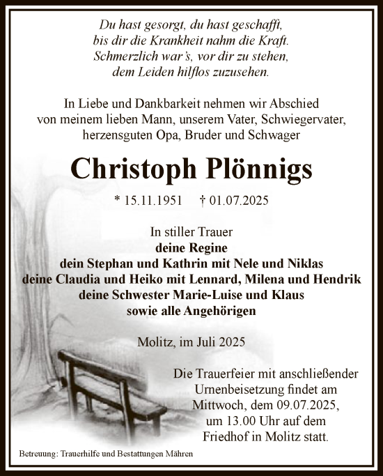 Traueranzeige von Christoph Plönnigs von AMZ