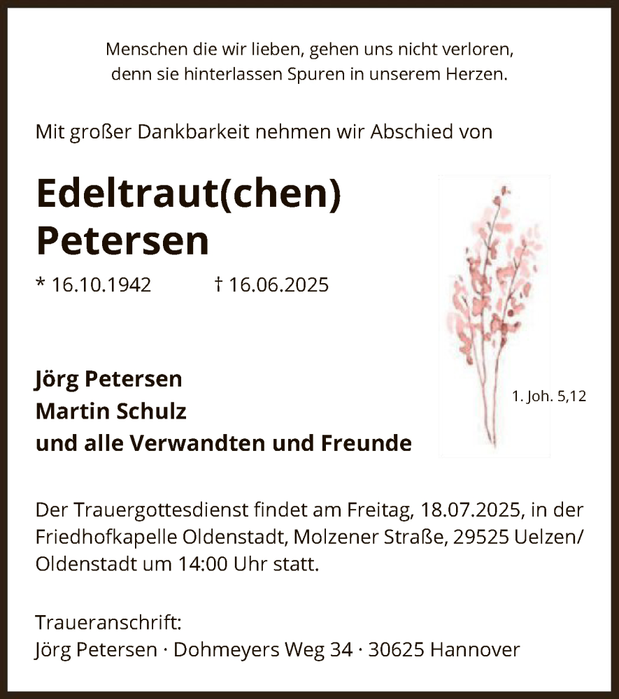  Traueranzeige für Edeltraut Petersen vom 12.07.2025 aus AZ