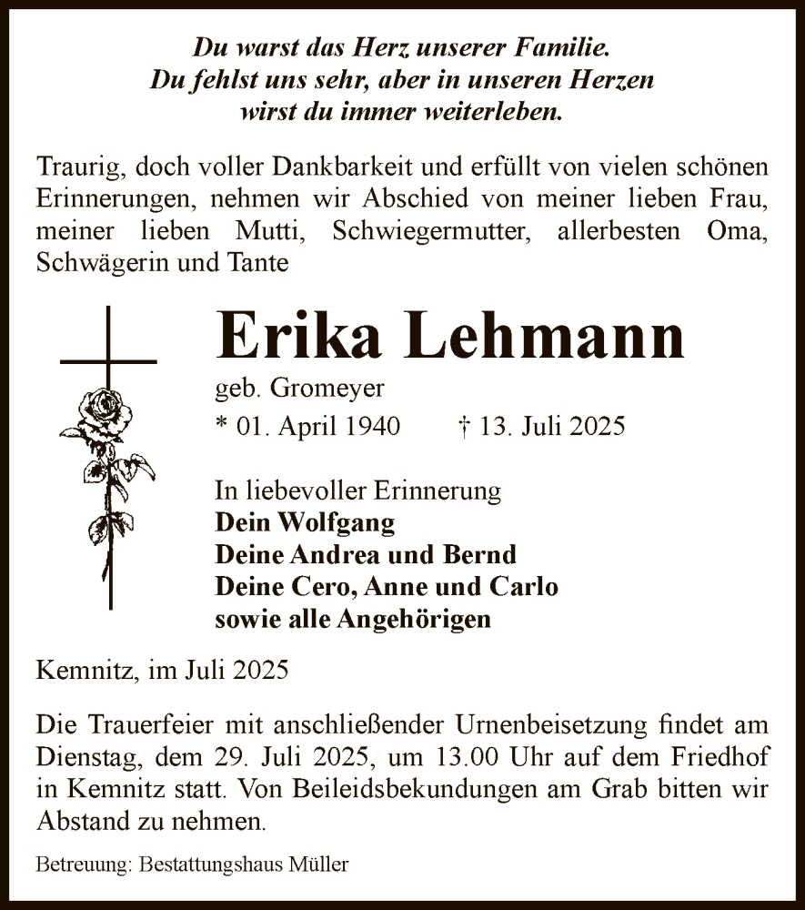  Traueranzeige für Erika Lehmann vom 22.07.2025 aus AMZ
