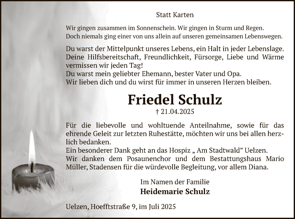  Traueranzeige für Friedel Schulz vom 12.07.2025 aus AZ