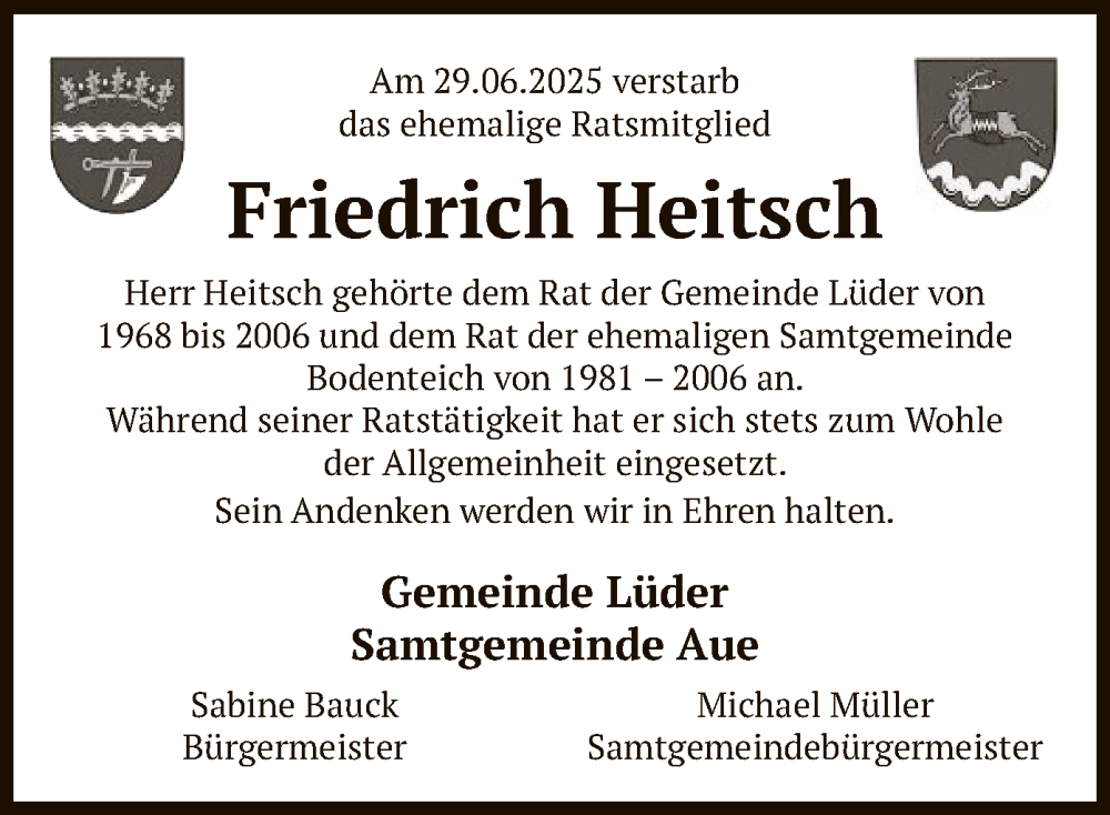  Traueranzeige für Friedrich Heitsch vom 05.07.2025 aus AZ