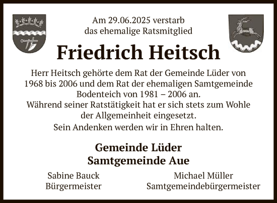 Traueranzeige von Friedrich Heitsch von AZ