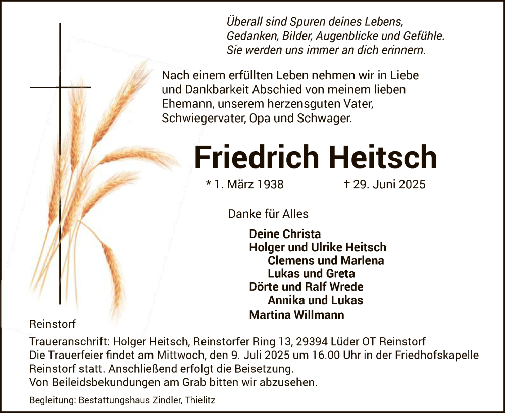  Traueranzeige für Friedrich Heitsch vom 05.07.2025 aus AZ