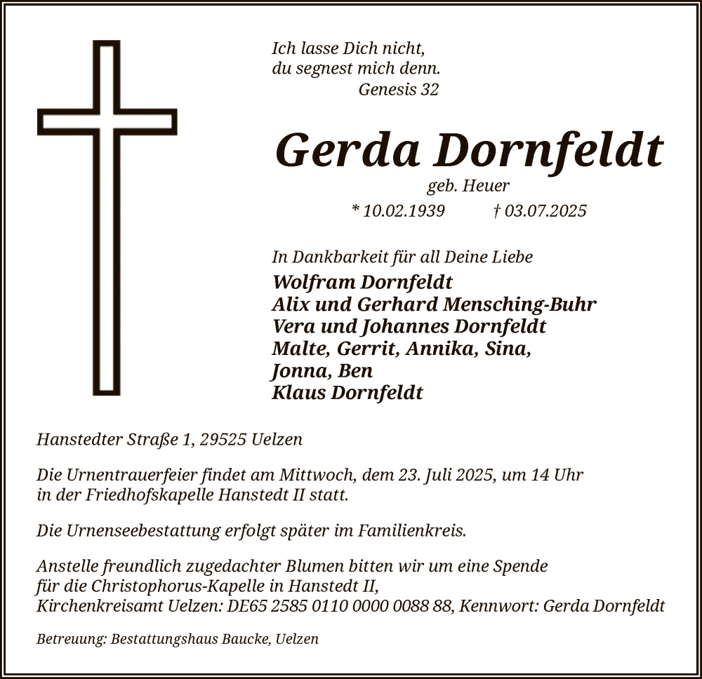  Traueranzeige für Gerda Dornfeldt vom 12.07.2025 aus AZ