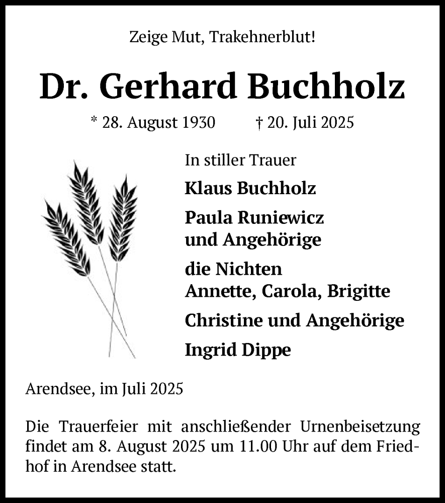  Traueranzeige für Gerhard Buchholz vom 26.07.2025 aus AMZ