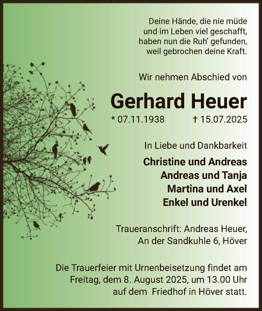  Traueranzeige für Gerhard Heuer vom 19.07.2025 aus AZ