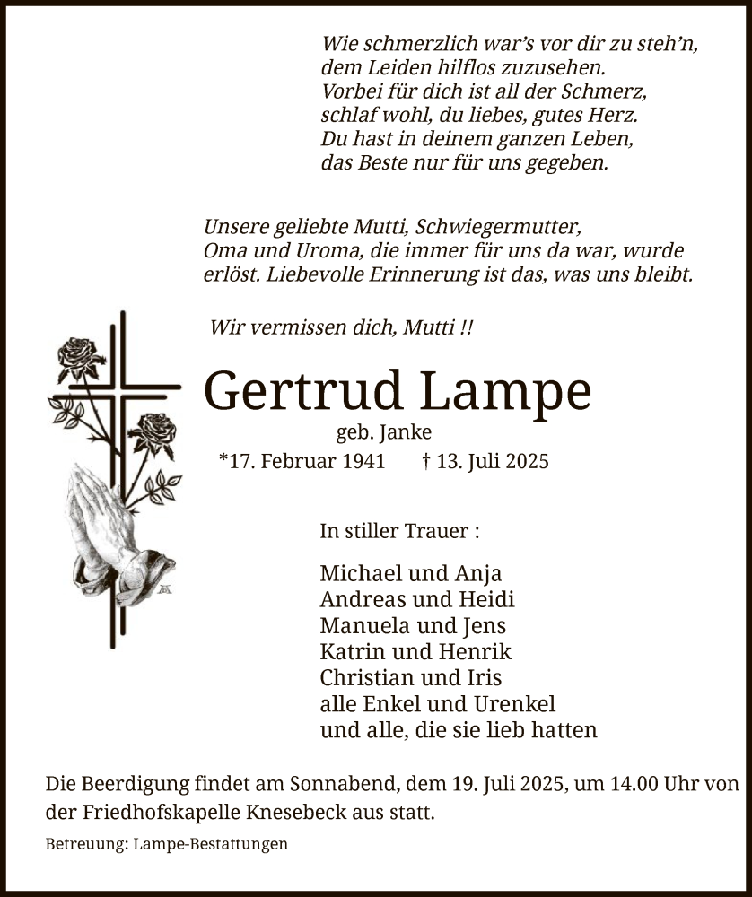  Traueranzeige für Gertrud Lampe vom 16.07.2025 aus IK
