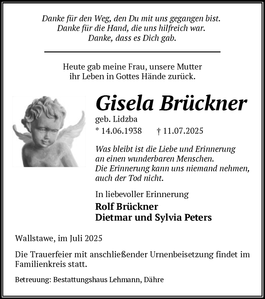  Traueranzeige für Gisela Brückner vom 23.07.2025 aus AMZ