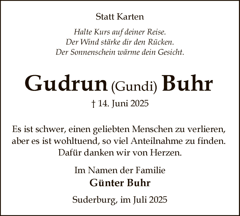  Traueranzeige für Gudrun Buhr vom 12.07.2025 aus AZ
