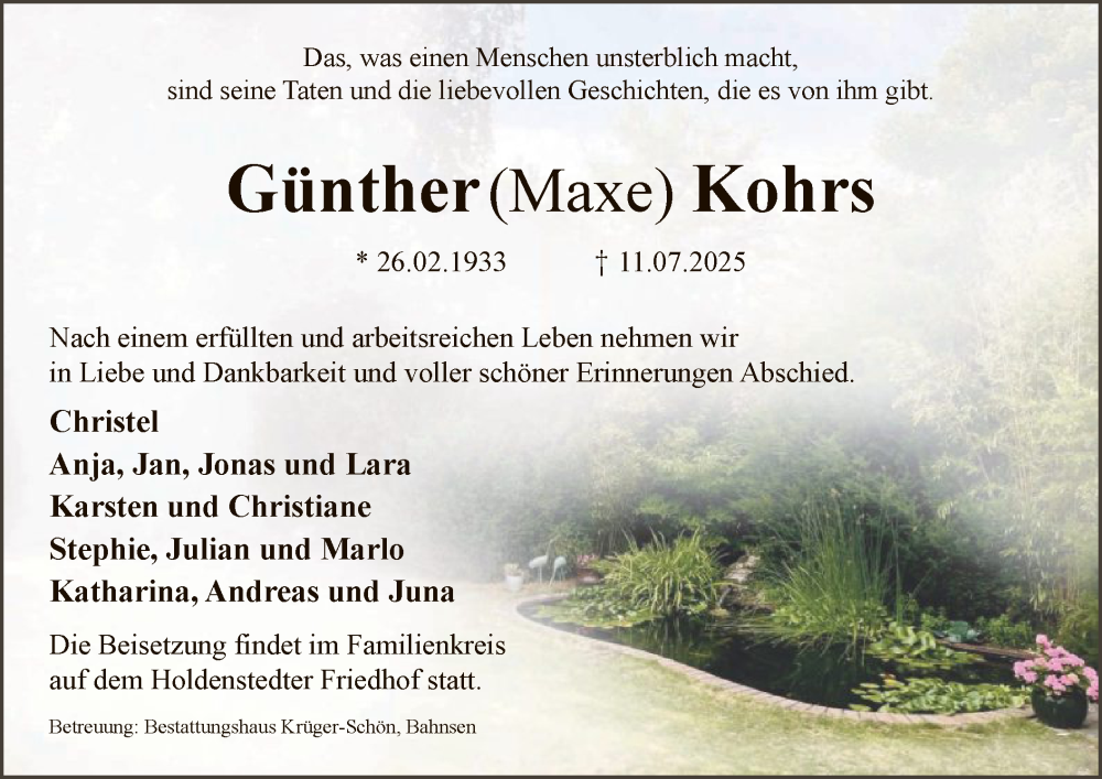  Traueranzeige für Günther Kohrs vom 19.07.2025 aus AZ