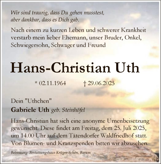 Traueranzeige von Hans-Christian Uth von AZ