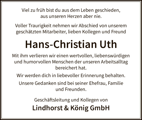 Traueranzeige von Hans-Christian Uth von AZ