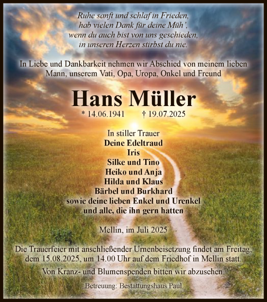 Traueranzeige von Hans Müller von AMZ