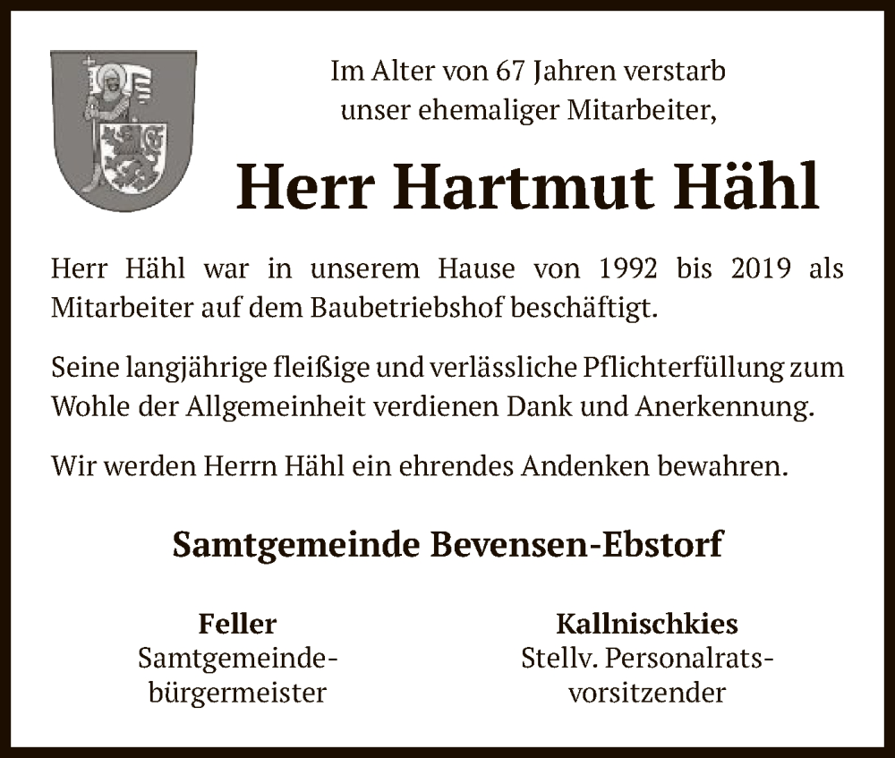  Traueranzeige für Hartmut Hähl vom 24.07.2025 aus AZ