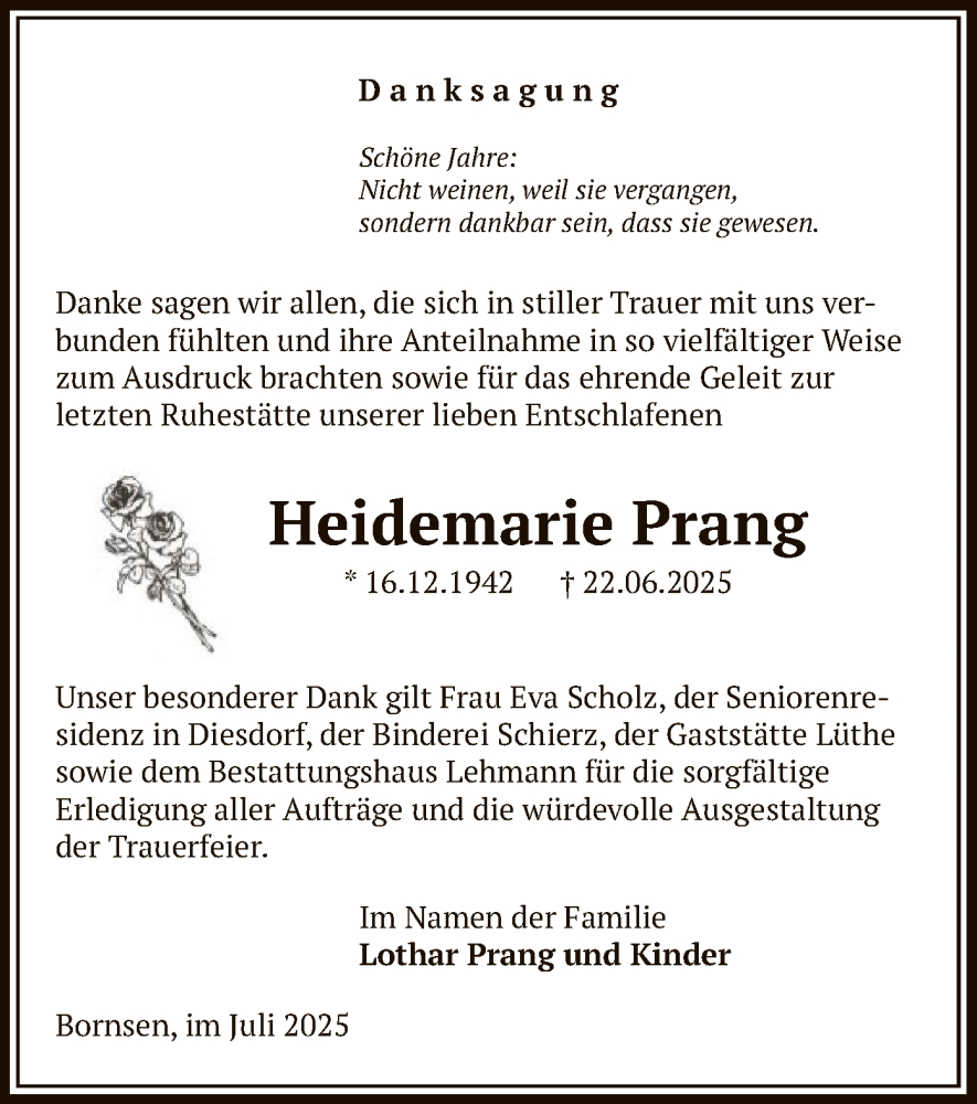  Traueranzeige für Heidemarie Prang vom 18.07.2025 aus AMZ