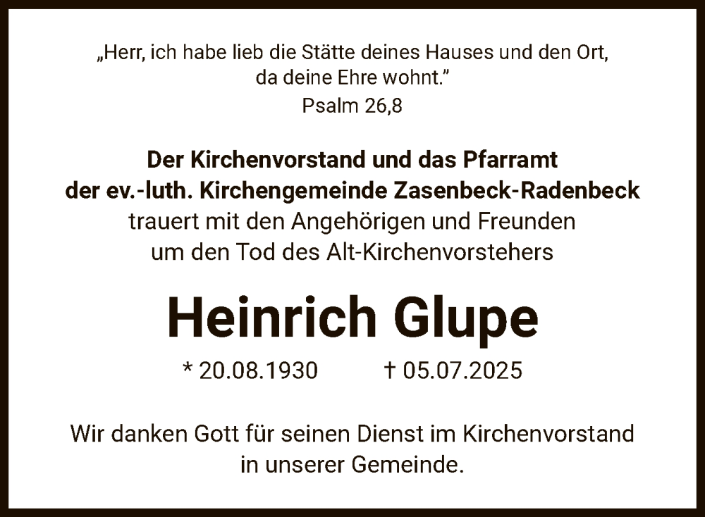  Traueranzeige für Heinrich Glupe vom 19.07.2025 aus IK