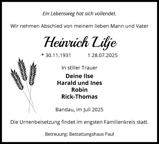 Traueranzeige von Heinrich Lilje von AMZ