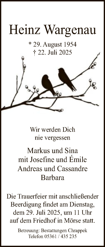 Traueranzeige von Heinz Wargenau von IK