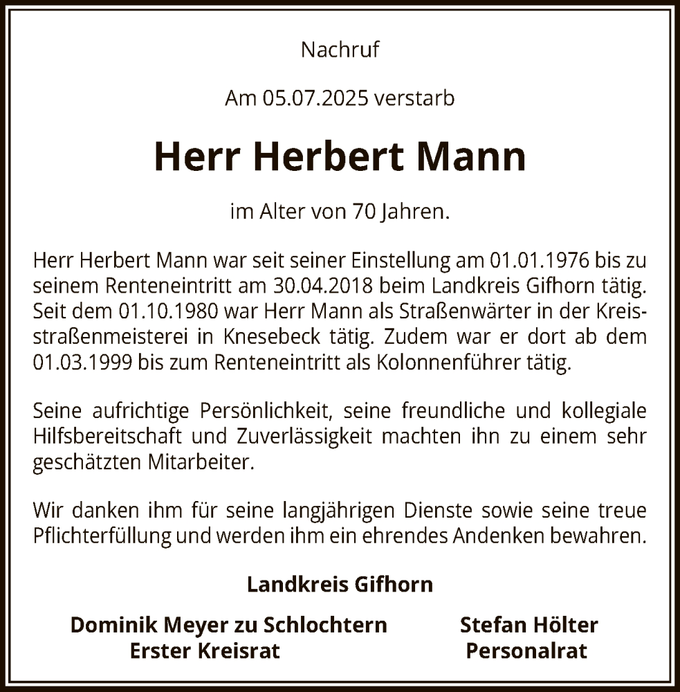  Traueranzeige für Herbert Mann vom 23.07.2025 aus IK