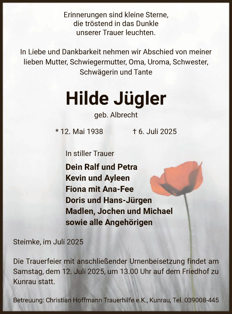  Traueranzeige für Hilde Jügler vom 09.07.2025 aus AMZ