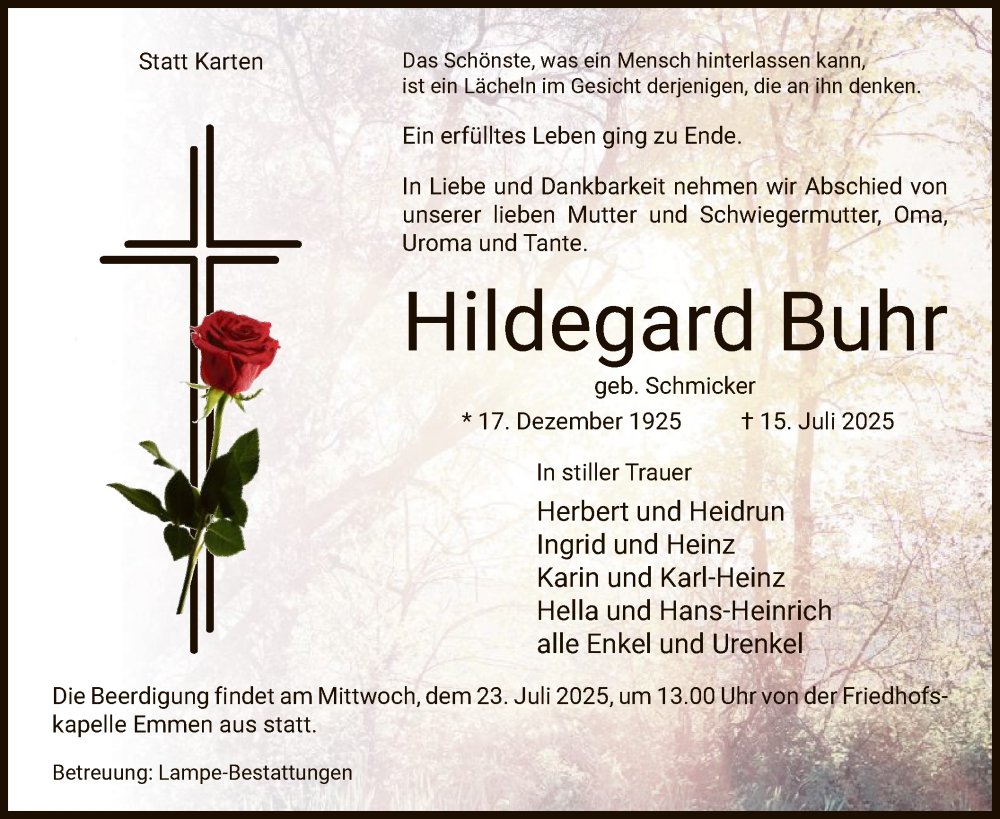  Traueranzeige für Hildegard Buhr vom 19.07.2025 aus IK