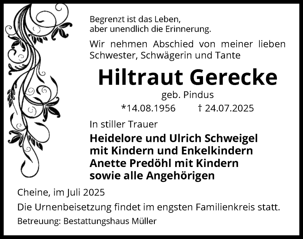  Traueranzeige für Hiltraut Gerecke vom 26.07.2025 aus AMZ