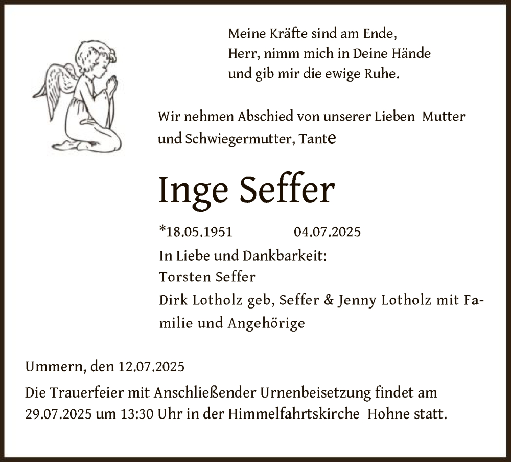  Traueranzeige für Inge Seffer vom 12.07.2025 aus IK