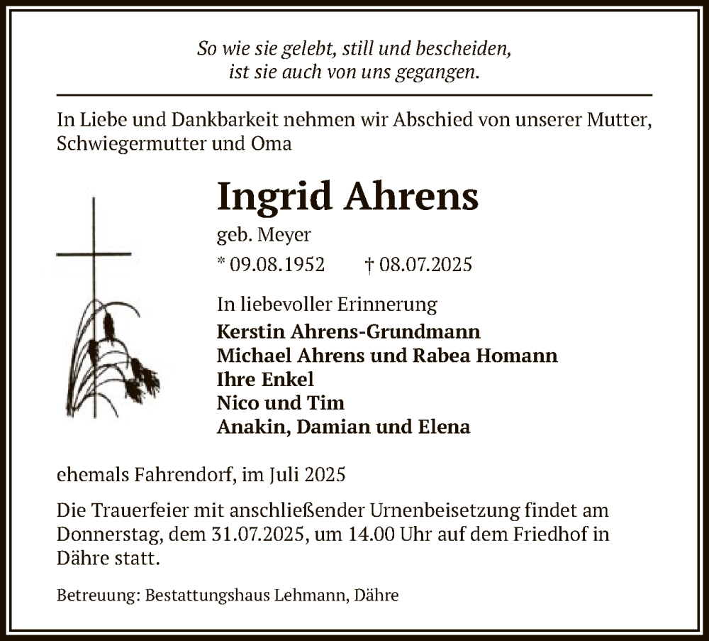  Traueranzeige für Ingrid Ahrens vom 16.07.2025 aus AMZ