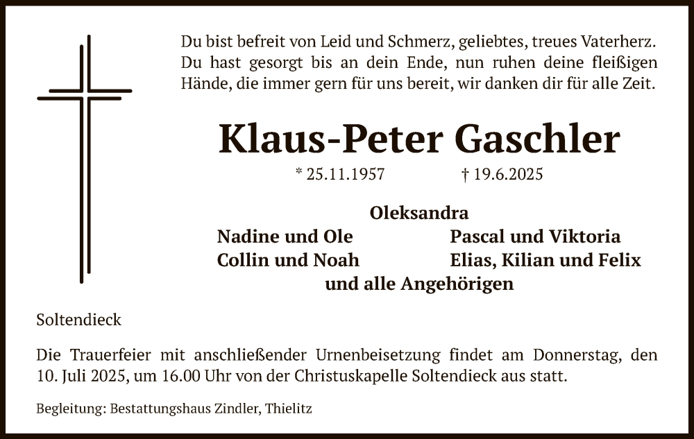  Traueranzeige für Klaus-Peter Gaschler vom 05.07.2025 aus AZ
