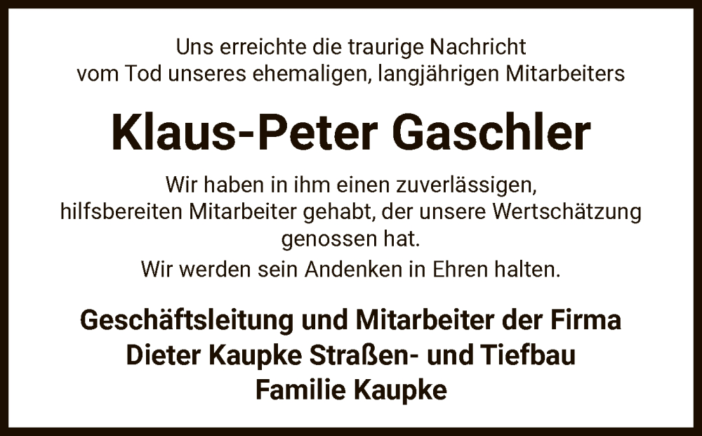  Traueranzeige für Klaus-Peter Gaschler vom 05.07.2025 aus AZ
