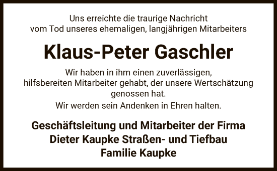 Traueranzeige von Klaus-Peter Gaschler von AZ