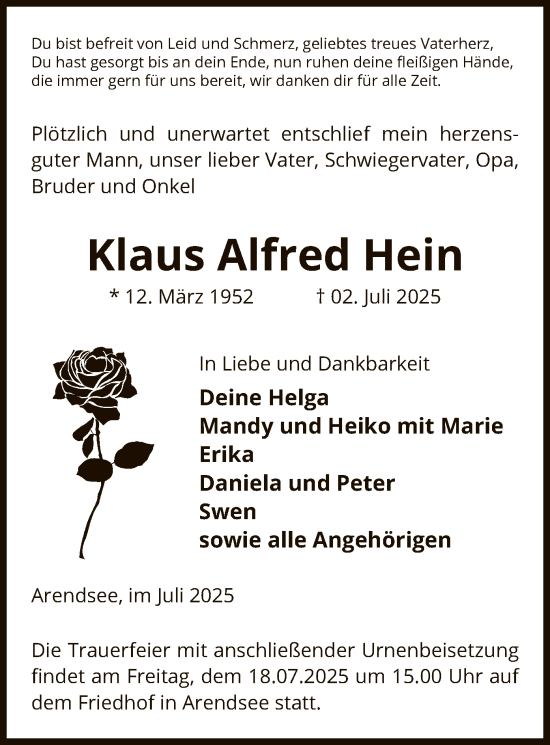 Traueranzeige von Klaus Alfred Hein von AMZ