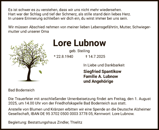 Traueranzeige von Lore Lubnow von AZ