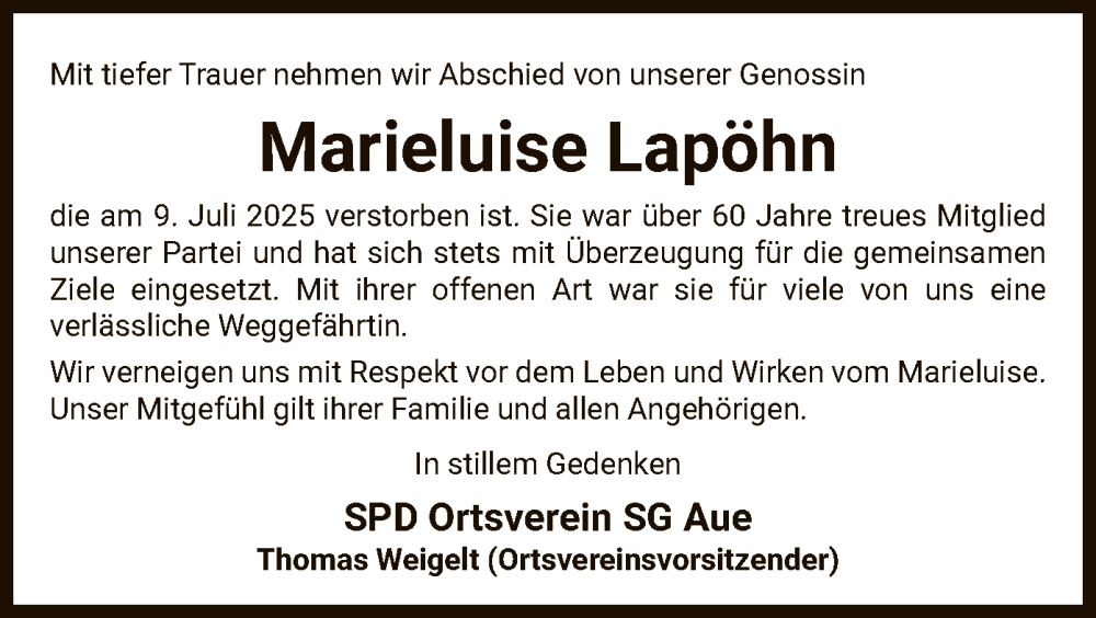  Traueranzeige für Marieluise Lapöhn vom 26.07.2025 aus AZ