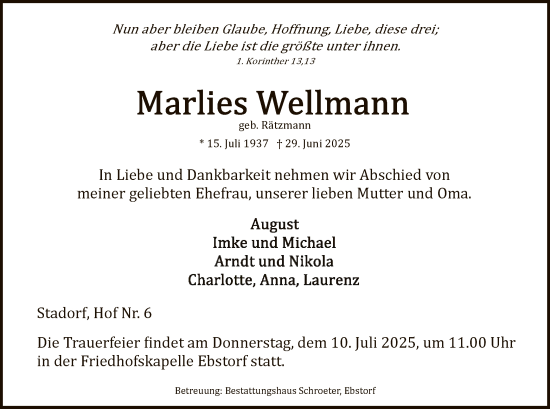 Traueranzeige von Marlies Wellmann von AZ