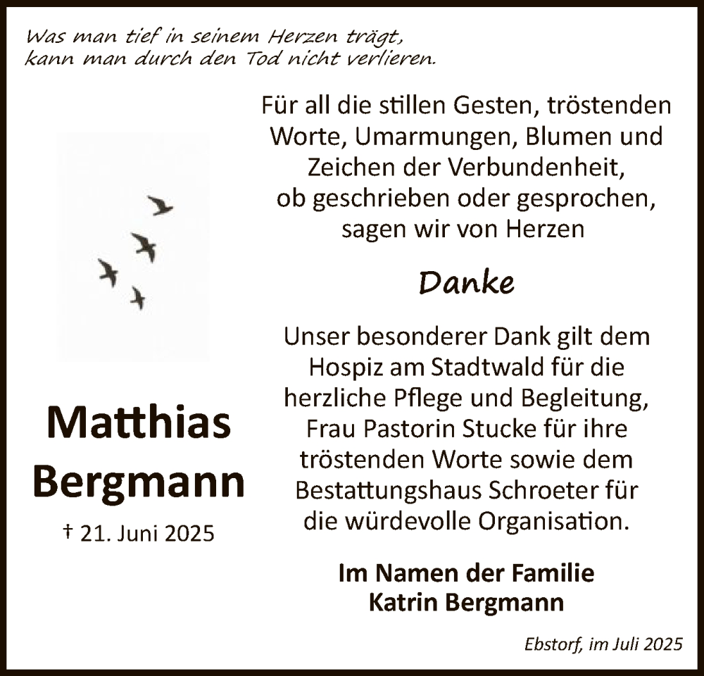  Traueranzeige für Matthias Bergmann vom 26.07.2025 aus AZ
