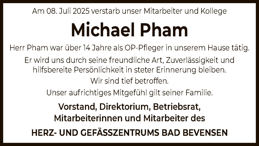  Traueranzeige für Michael Pham vom 19.07.2025 aus AZ