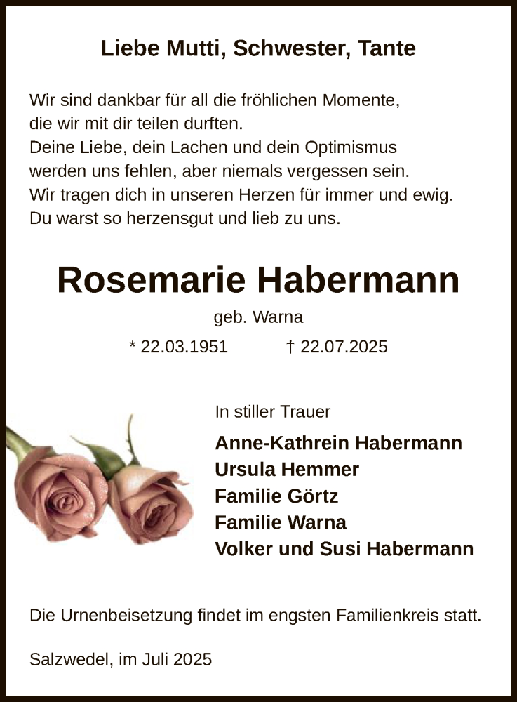  Traueranzeige für Rosemarie Habermann vom 29.07.2025 aus AMZ