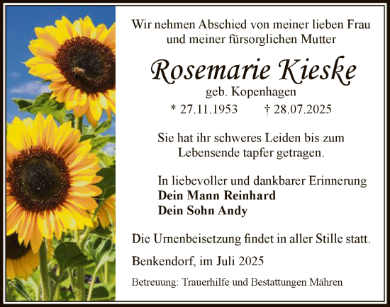 Traueranzeige von Rosemarie Kieske von AMZ