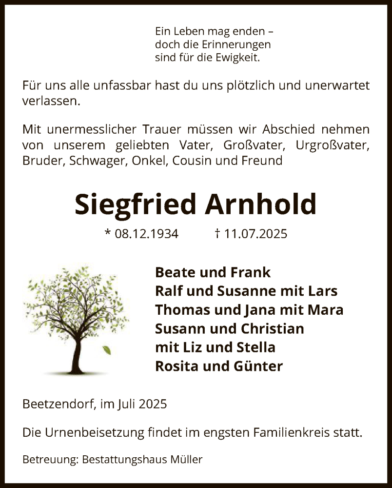  Traueranzeige für Siegfried Arnhold vom 19.07.2025 aus AMZ