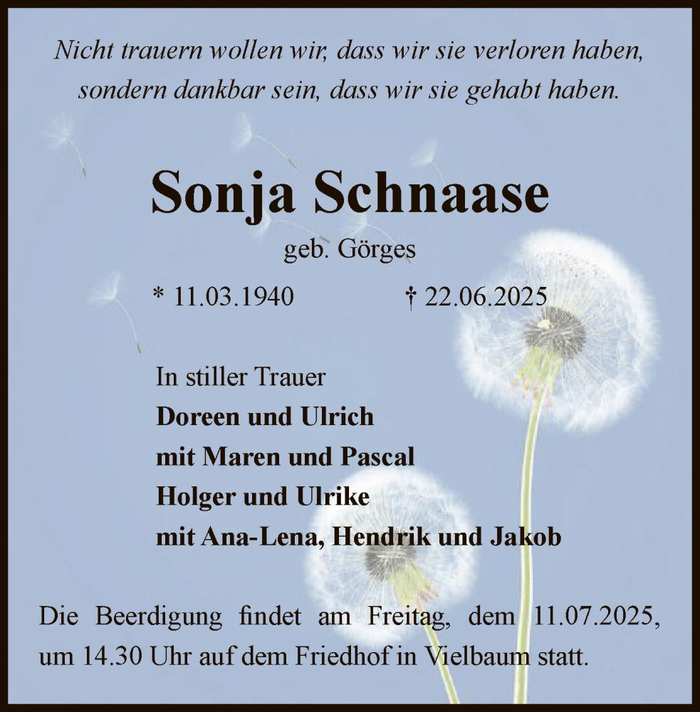  Traueranzeige für Sonja Schnaase vom 05.07.2025 aus AMZ