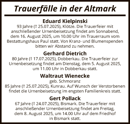 Traueranzeige von Sterbetafel vom 31.07.2025 von AMZ