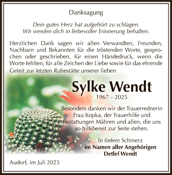Traueranzeige von Sylke Wendt von AMZ