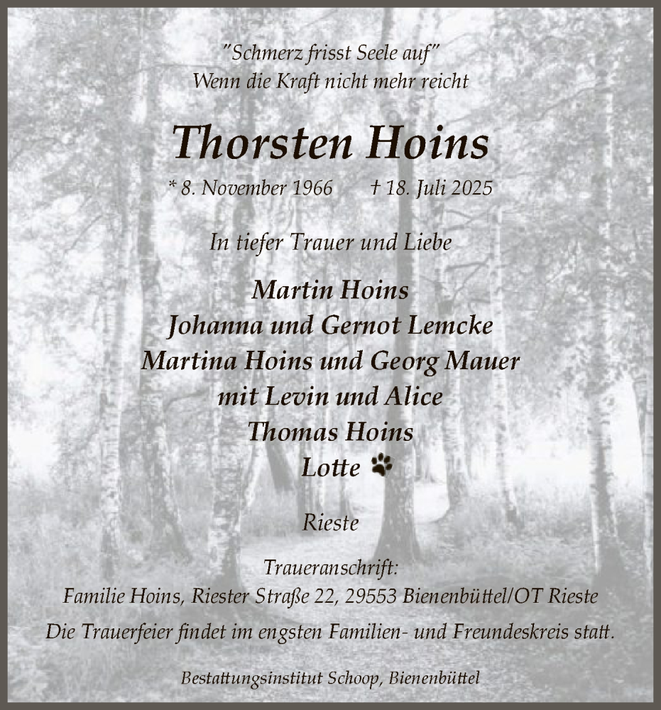  Traueranzeige für Thorsten Hoins vom 26.07.2025 aus AZ