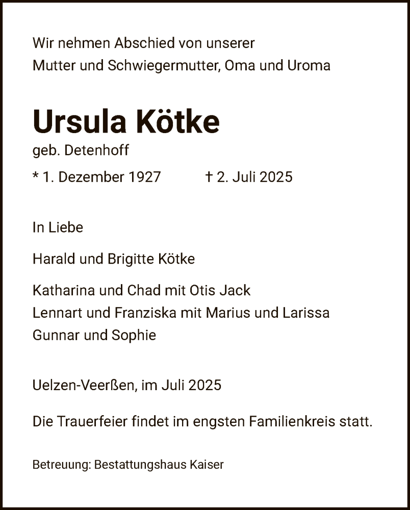 Traueranzeige für Ursula Kötke vom 09.07.2025 aus AZ