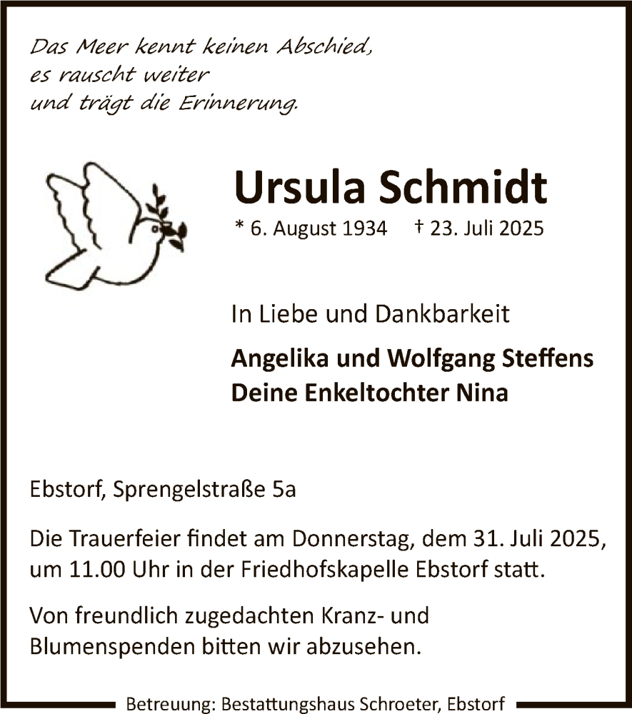  Traueranzeige für Ursula Schmidt vom 26.07.2025 aus AZ